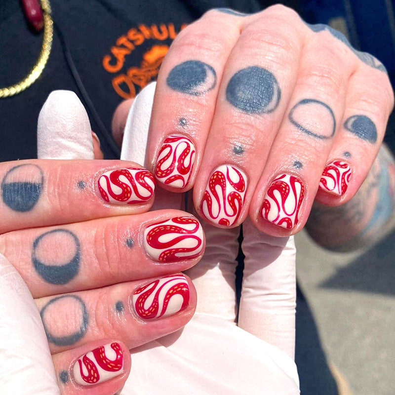 Short Red Snake Pattern Nails for Halloween