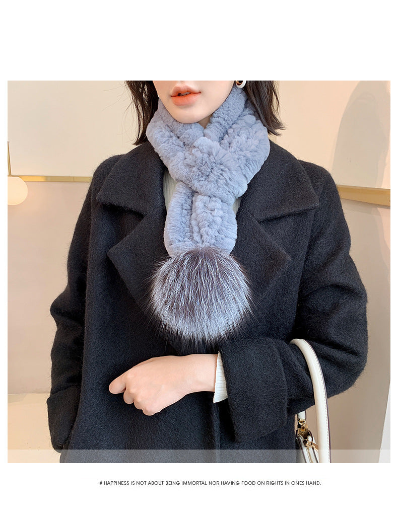 Real Rabbit Fur Fox Pom Pom Scarf - Winter Warmth & Style