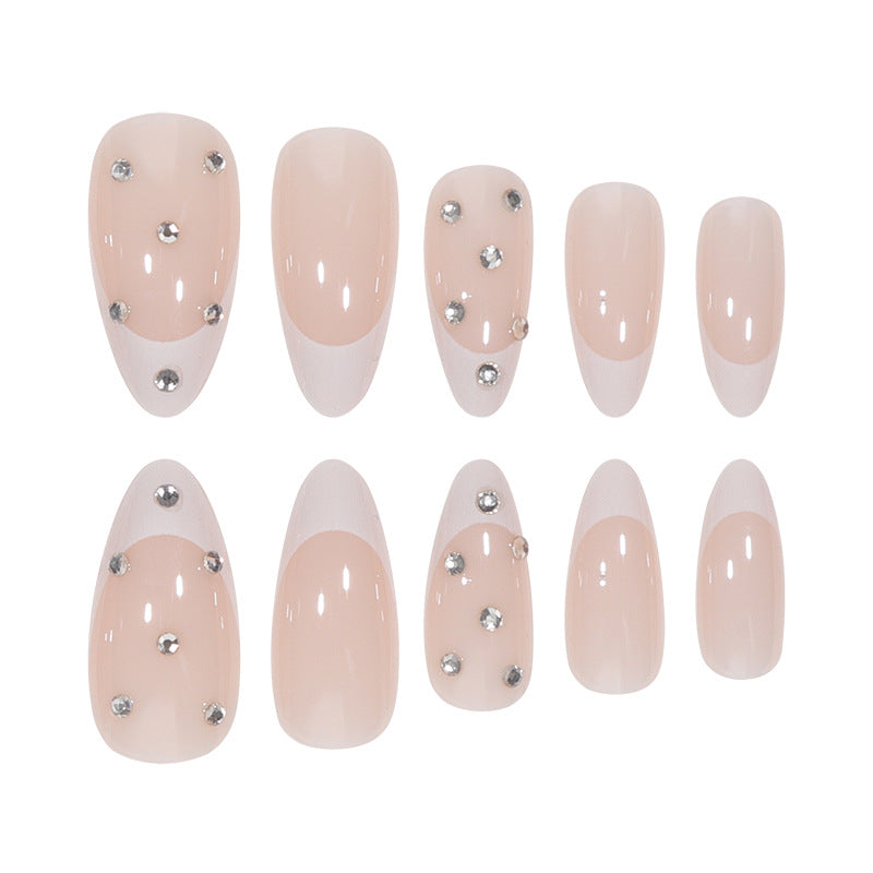 Almond White French Nail Extensions with Crystal Accents