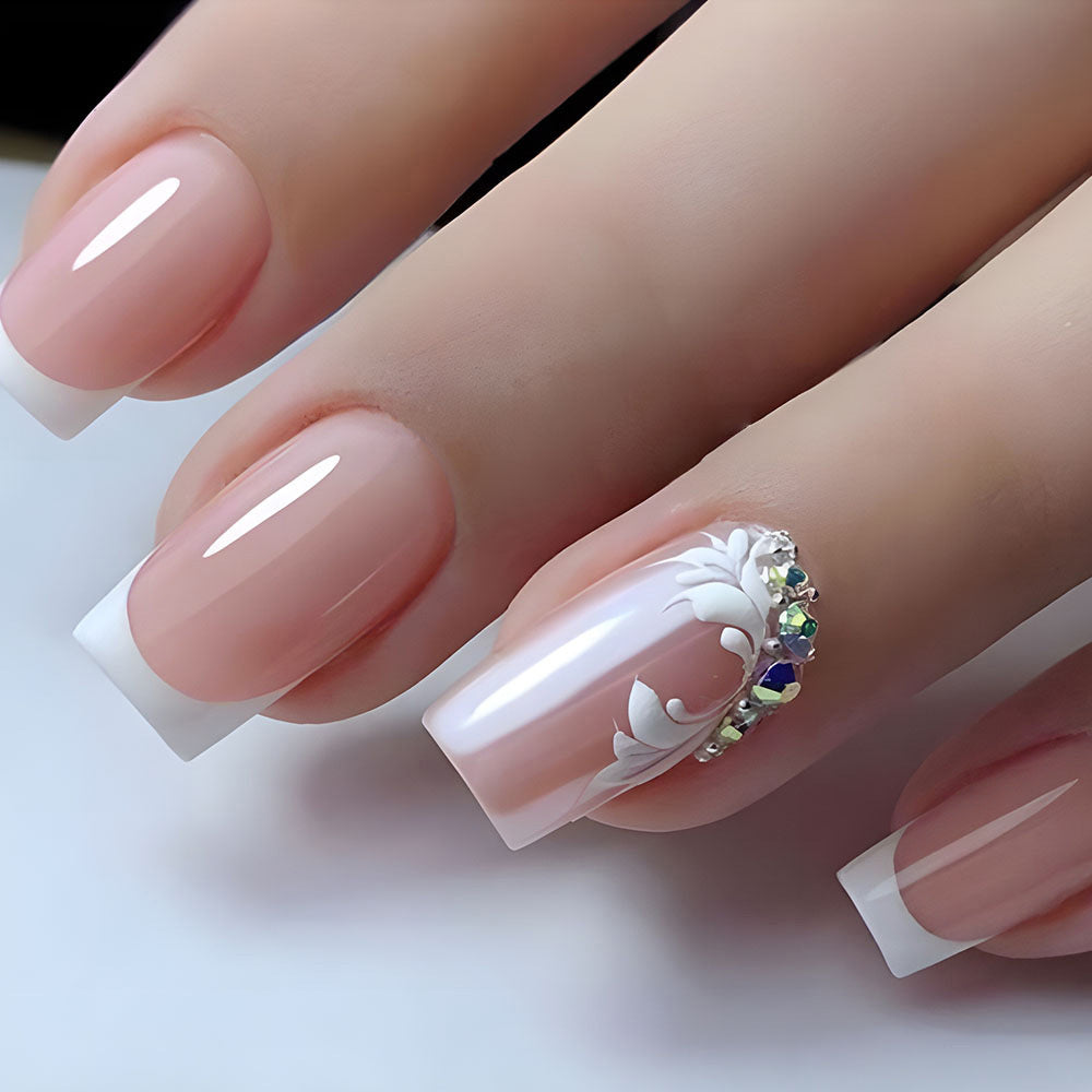 Simple French Handmade Nail Tips, Crystal Embellished