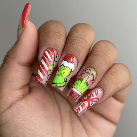 New FashionGrinch Christmas Bow Red Nail Tips-homeunderwear