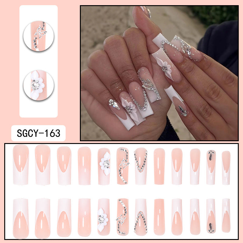 24 Long Pink Floral & Crystal Nail Tips