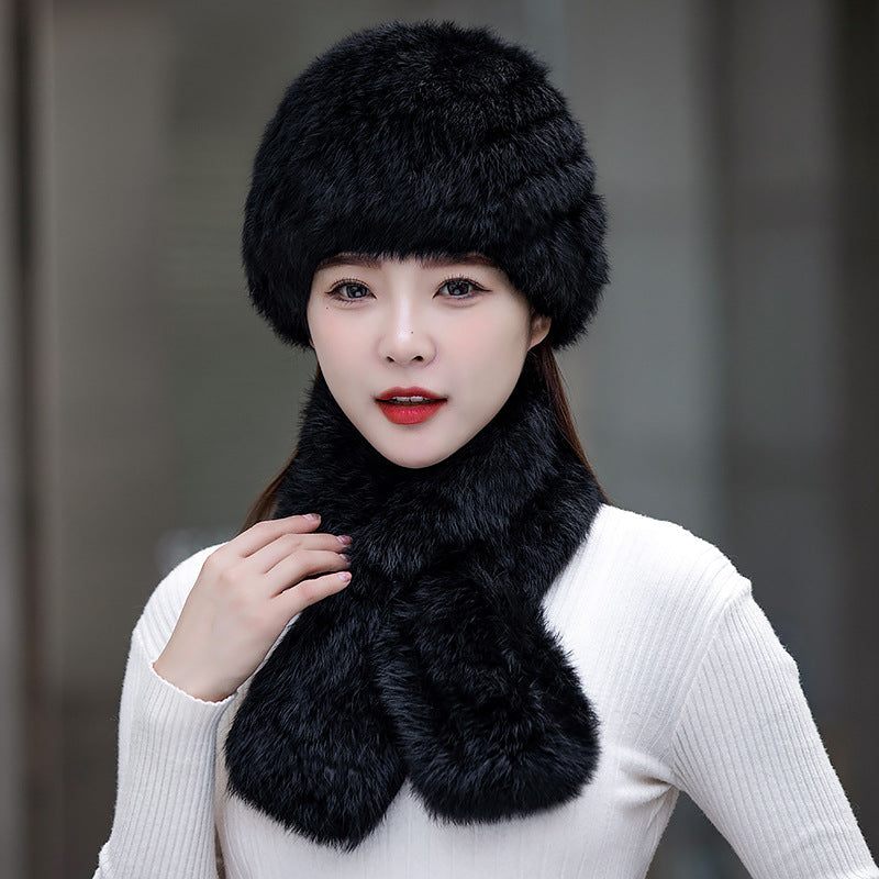 Warm Snow Rabbit Fur Ear Flap Hat & Scarf Set