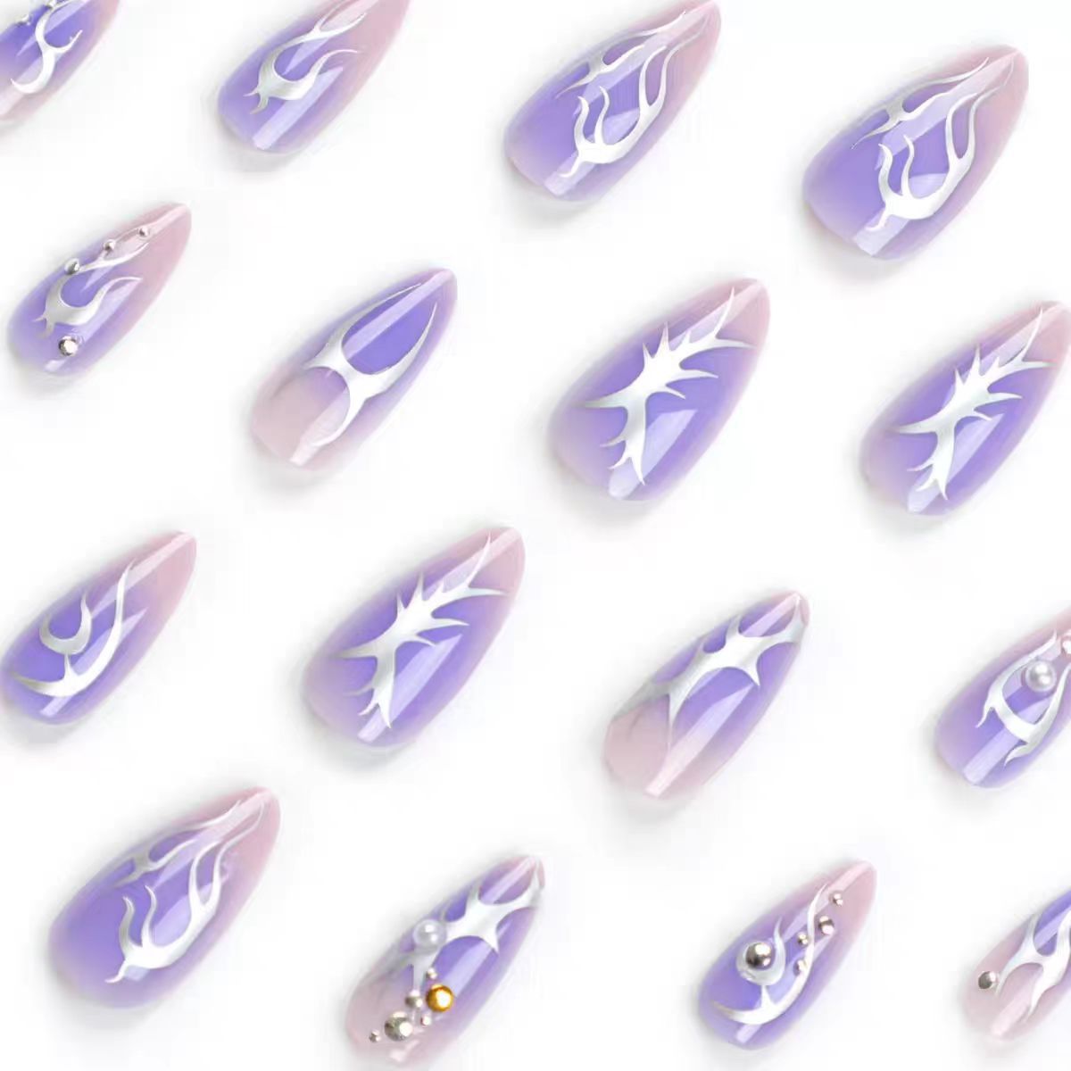 Almond Purple & Silver Flame Fall Nails - Removable Nail Tips