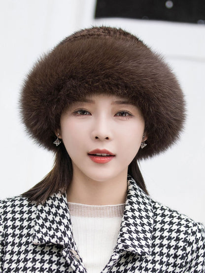 Warm Mink Fur Hat with Fox Pom Pom - Ear Flap Design