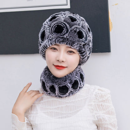 Warm Real Rabbit Fur Ear Flap Hat & Scarf Set