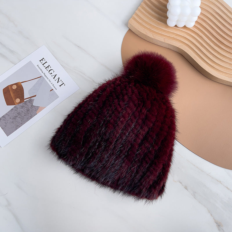 Versatile Mink Fur Knit Winter Hat with Fox Pom Pom