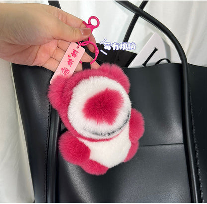 Cute Real Rabbit Fur Strawberry Bear Keychain - Car Accessory