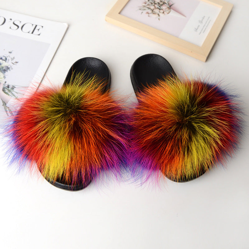 Fashionable Fox & Raccoon Fur Slides - Cozy Slip-Ons