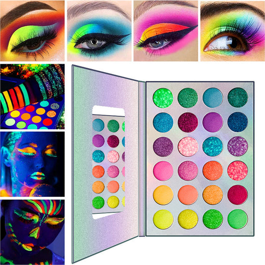 24-Color Glowing Eyeshadow Palette - Shimmer, Matte, Fluorescent, Stage-Ready