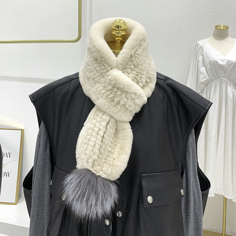 Real Rabbit Fur Fox Pom Pom Scarf - Winter Warmth & Style