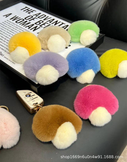 Cute Real Rabbit Fur Mushroom Keychain - Trendy Car Accessory