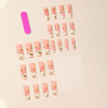 Removable Long Coffin French Nails with Colorful Flowers