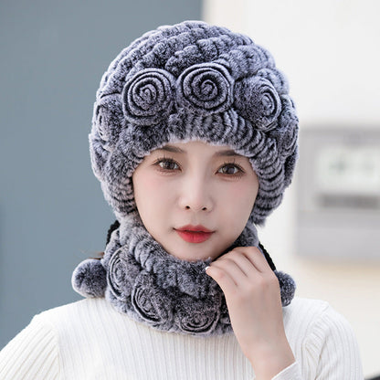 Warm Real Rabbit Fur Ear Flap Hat & Scarf Set