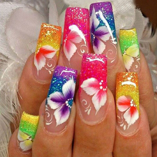 New FashionColorful Flower Glitter Candy Nail Tips