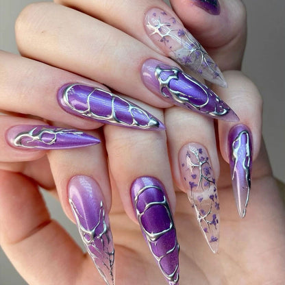 Purple Flower Silver Gradient Nail Tips