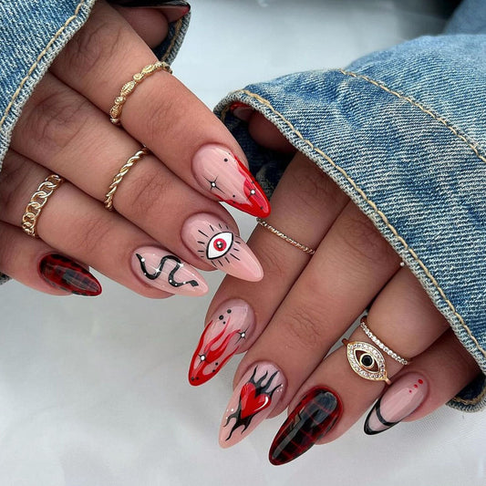 Almond Shaped Irregular Black Red Flame Heart Eye Snake Star Nails