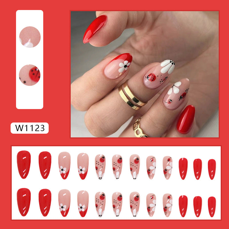 Almond Shape Ladybug and Flower Nails, Cute and INS Style