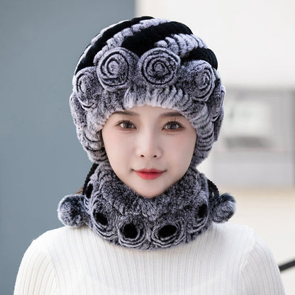 Warm Real Rabbit Fur Ear Flap Hat & Scarf Set