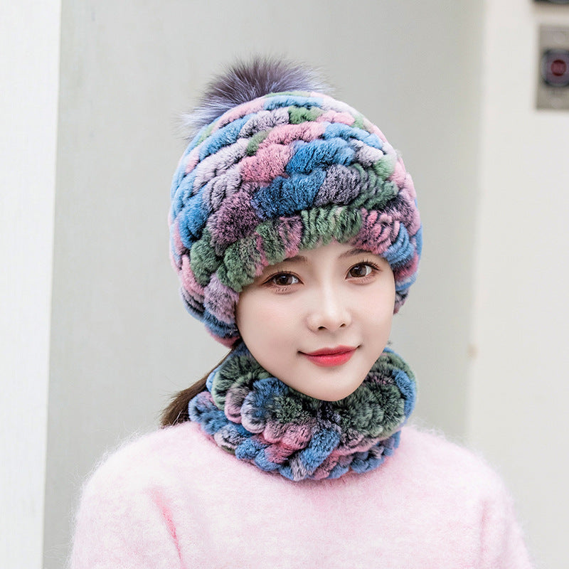 Warm Real Rabbit Fur Ear Flap Hat & Scarf Set