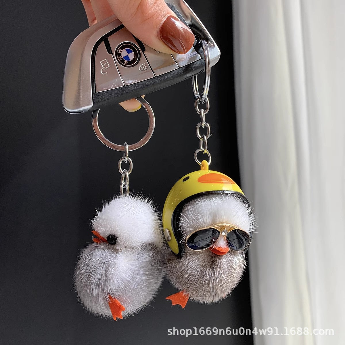 Cute Real Mink Fur Duck Helmet Keychain Plush Accessory