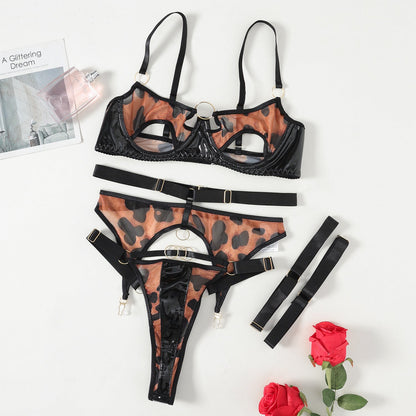 Free Shipping For Leopard Print PU Leather Metal Lingerie Set