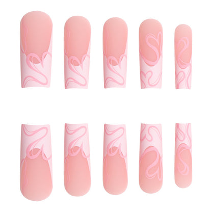 Long French Line Pink Heart Nail Extensions