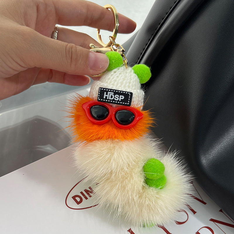 Cute Mink Fur Caterpillar Charm - Keychain & Bag Accessory