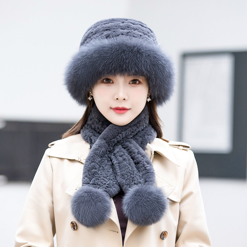 Winter Real Rabbit Fur Hat & Scarf Set - Stylish & Warm