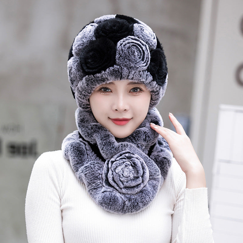 Winter Rex Rabbit Fur Ear Flap Hat & Scarf Set