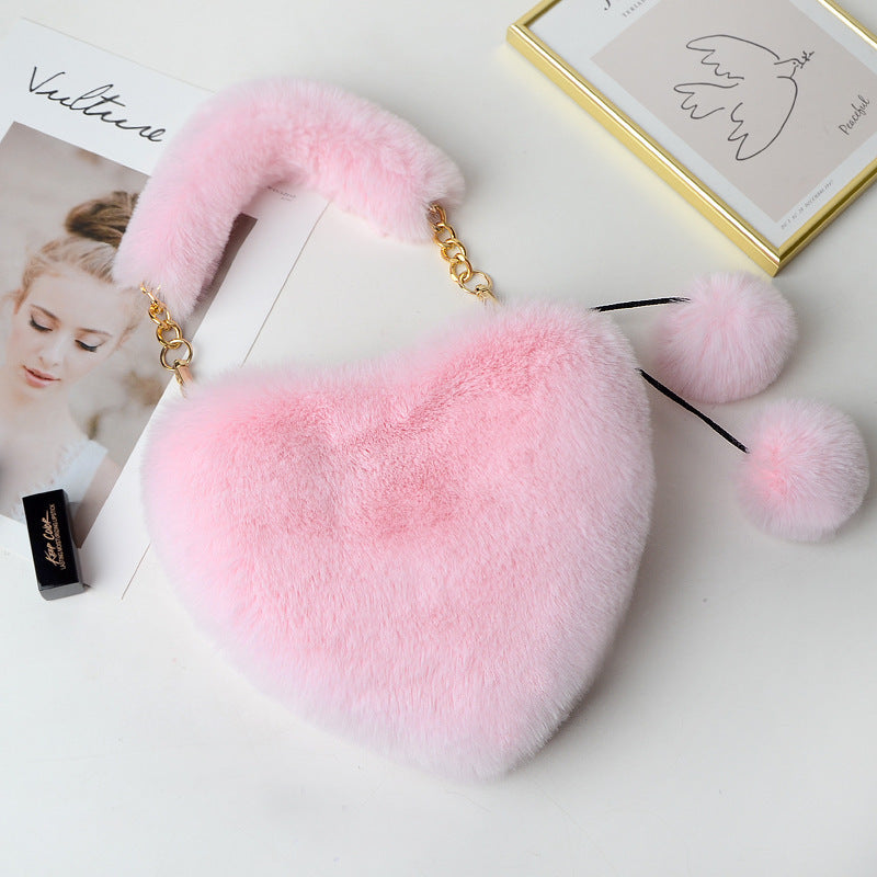 Trendy Heart Shaped Fuzzy Handbag, Clutch