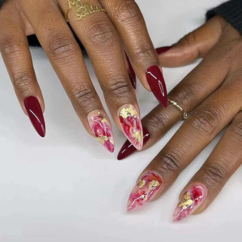 Wine Red Ombre Chinese Style Gold Foil Nails Ins Style Party Bride-homeunderwear