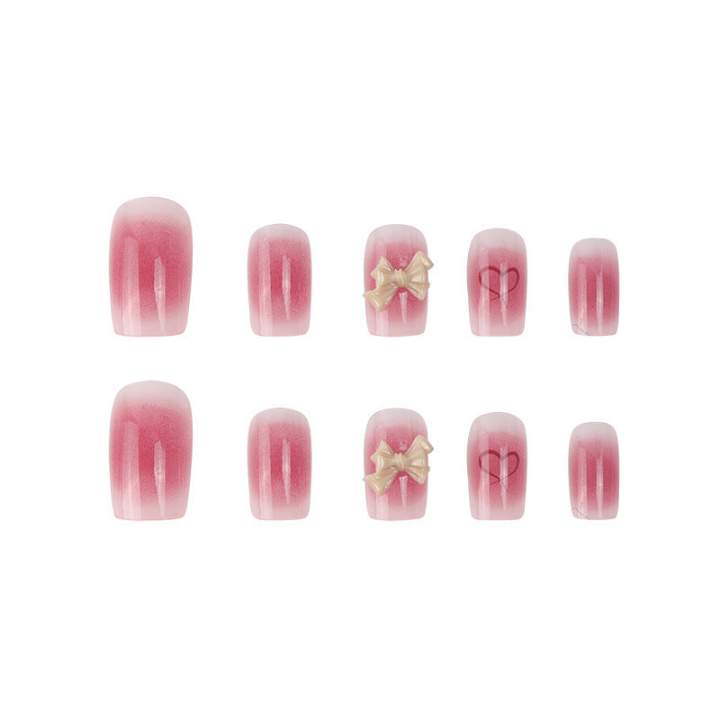 Detachable Pink Ombre Nail Extensions with Bow and Heart