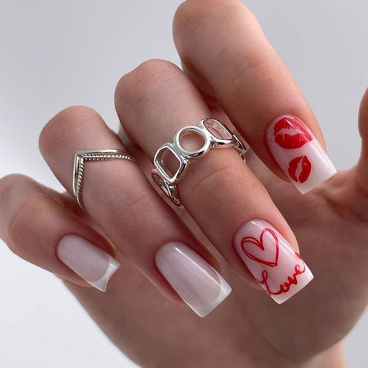 Valentine's Day White French Red Lip Heart Detachable Finished Fake Nails-homeunderwear