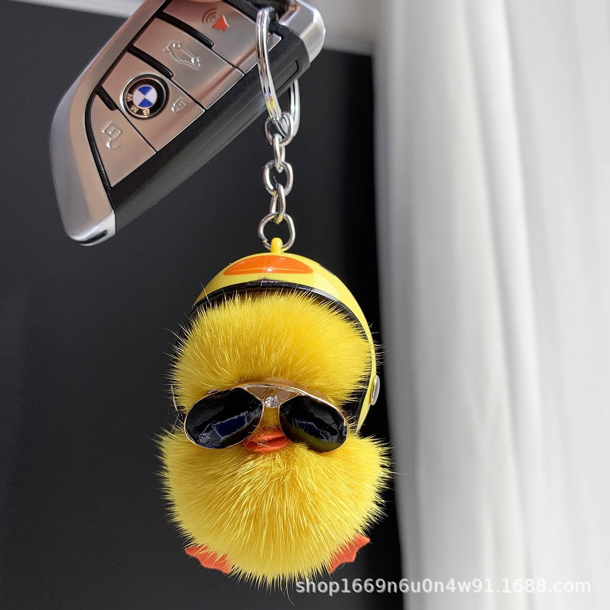 Cute Real Mink Fur Duck Helmet Keychain Plush Accessory