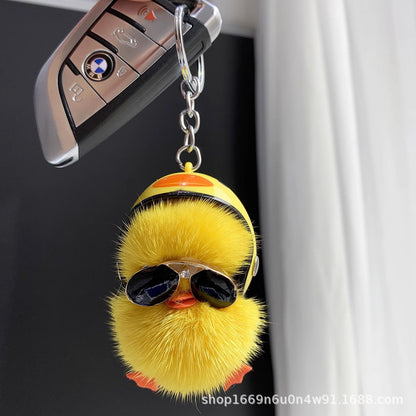 Cute Real Mink Fur Duck Helmet Keychain Plush Accessory