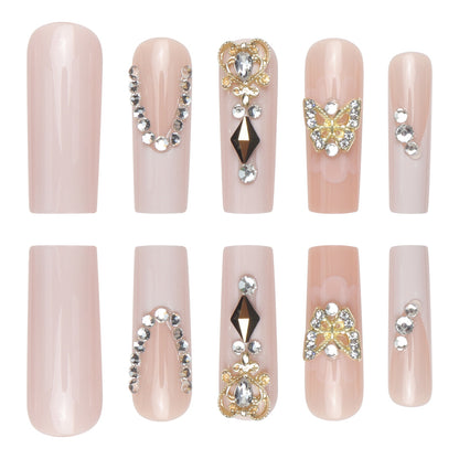 24-Piece Long French Nail Extensions with Diamonds, Butterflies