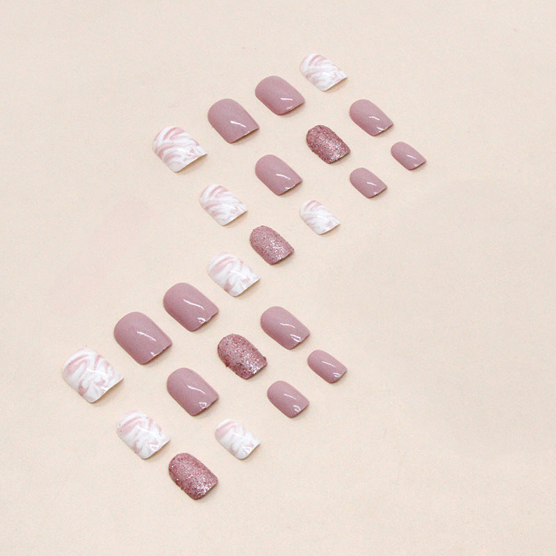 Simple White Pink Tender Girl Nails Sparkling Full Ink Wash Pink White Short Fake Nails-homeunderwear