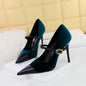 Chic Metal Buckle and Ankle Strap Suede Patchwork Pointed Toe Shoes-Heel Height 7CM-Homeunderwear