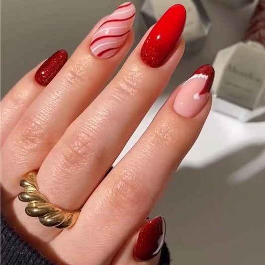 Christmas Red Glitter Santa Hat French Gradient Candy Curve Nail Tips