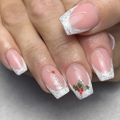 New FashionShort Shiny Christmas Nails - Glitter, French White Edge-homeunderwear