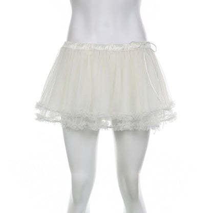 European and American Style Tulle Lace-Up Low Waist A-line Mini Skirt