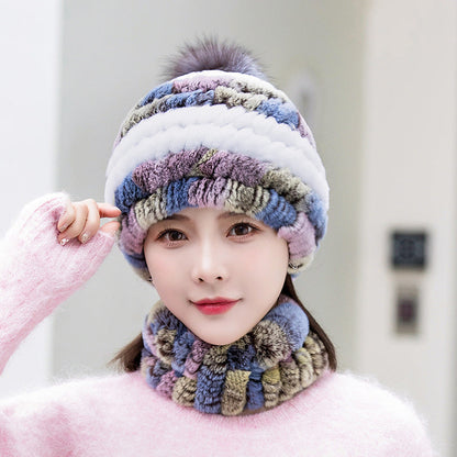 Warm Real Rabbit Fur Ear Flap Hat & Scarf Set