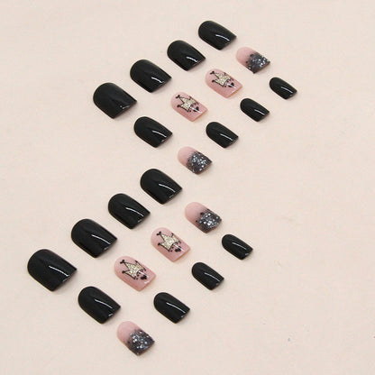 24-Piece Short Black Nails - Glitter Crown Gradient, Ins Style