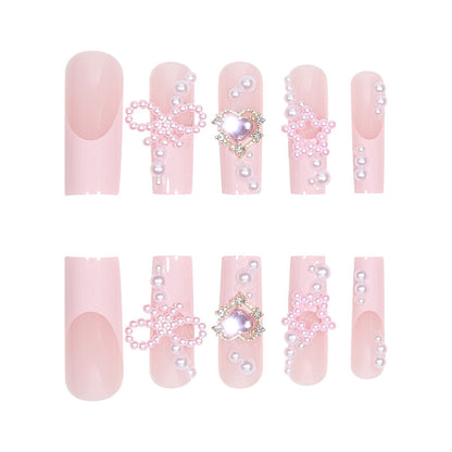 Charming Pink French Nail Tips with Pearls, Bow