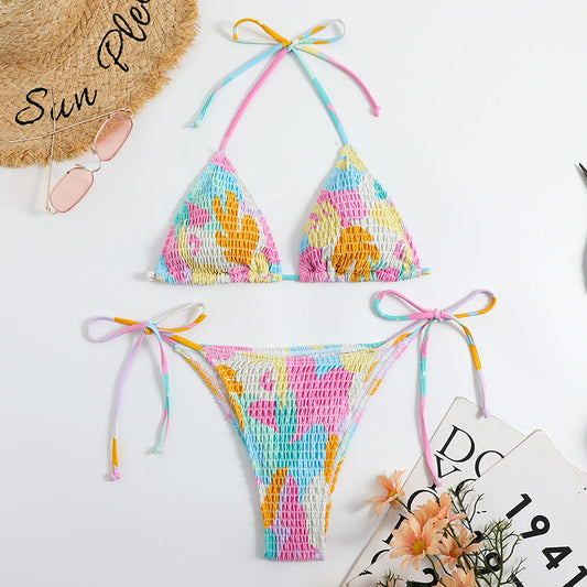 Lady's Floral Print Triangle Bikini Swimwear