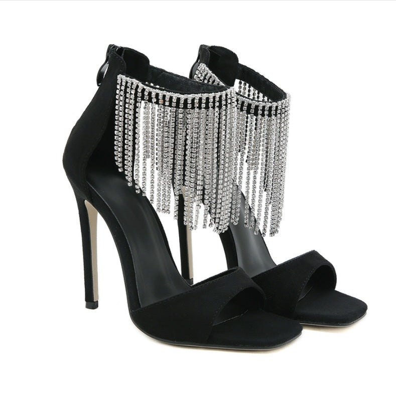 Fringed Suede Stiletto Roman Sandals-Homeunderwear