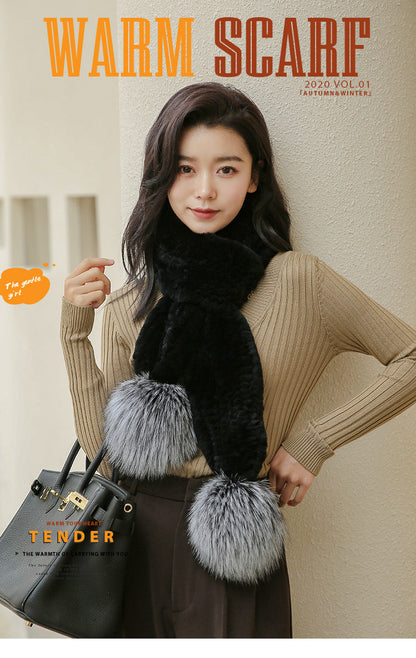 Long Hand-Knitted Real Rabbit Fur Winter Scarf