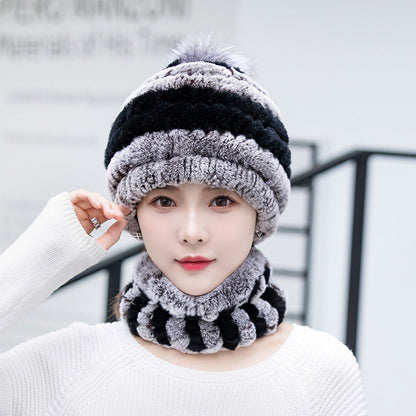 Warm Real Rabbit Fur Ear Flap Hat & Scarf Set