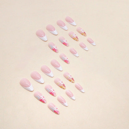 White French Nails, Colorful Flower Minimalist Almond Shape